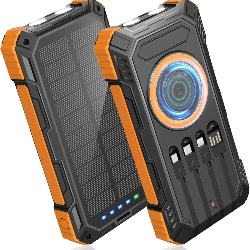 36800mAh High-Power Portable Power Bank - Solar Input, Built-in 4 Cables, 6 Outputs, 3 Inputs, 15W Fast Charging, USB-C Compatible, Dual Flashlights, Carabiner, Chargeable Battery for Phones & Mobile Device Accessories