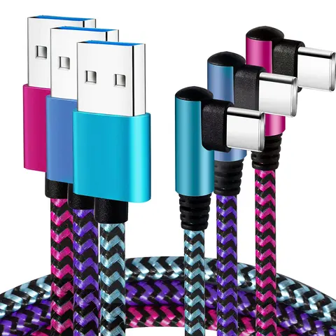 USB Type C Cable 2.1A Fast Charging – [90 Degree, 6FT, 3 Pack] Nylon Right Angle USB C Cord, Compatible with Samsung Galaxy S23/S22/S21/Note 10, USB C Charger – Blue/Magenta/Purple