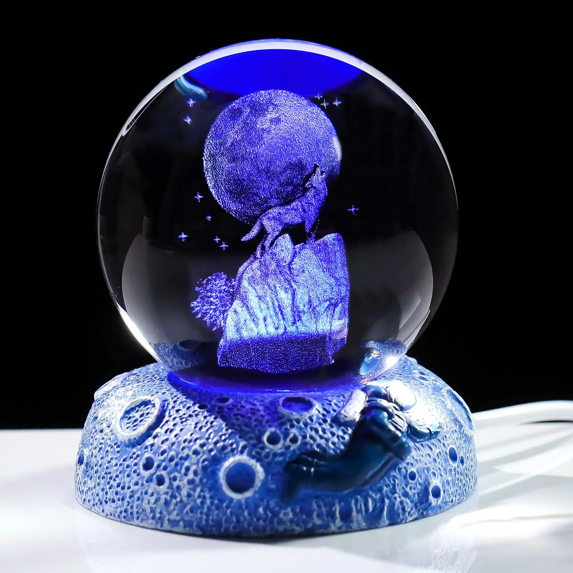 2.36in. 3d Crystal Ball Engraved Wolf And Moon With Space Light Base  Lover Gifts For Men Women Glass Sphere Decor Home