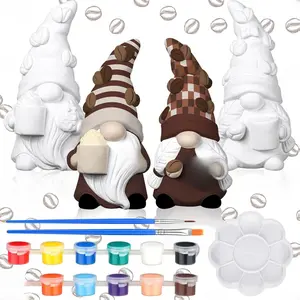 2 Set Ready to Paint Your Own Gnome Statue, 4" Mini Paintable Ceramics Blank Gnome Figurine Craft DIY Art with Brush Palette Paint for Adult Mother Employee Appreciation Gift (Coffee Style)