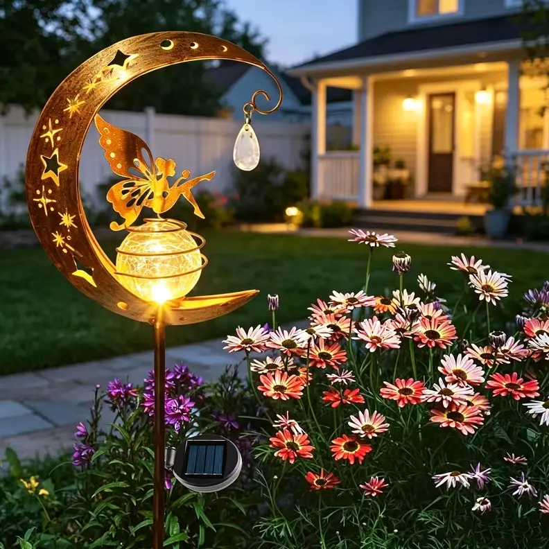 Solar Garden Stake Light - Magical Metal Moon & Fairy Figurine with Crackle Glass Ball Lantern, Waterproof Outdoor Decor for Pathway, Lawn