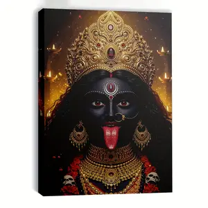 1 Piece Framed Kali Goddess Canvas Wall Art Poster - Hindu Religious Decoration, Dark Gold Jewelry and Red Floral Embellishments - Living Room, Office, Meditation Space Ready-to-Hang Framed Art - Exquisite Artwork, Yoga Practitioner Spiritual Decoration