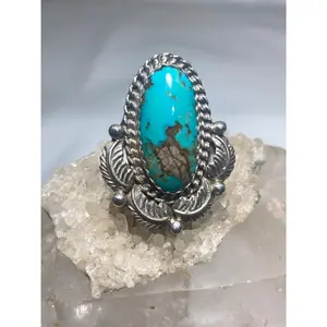 Turquoise ring long Navajo feathers  band sterling silver women girls