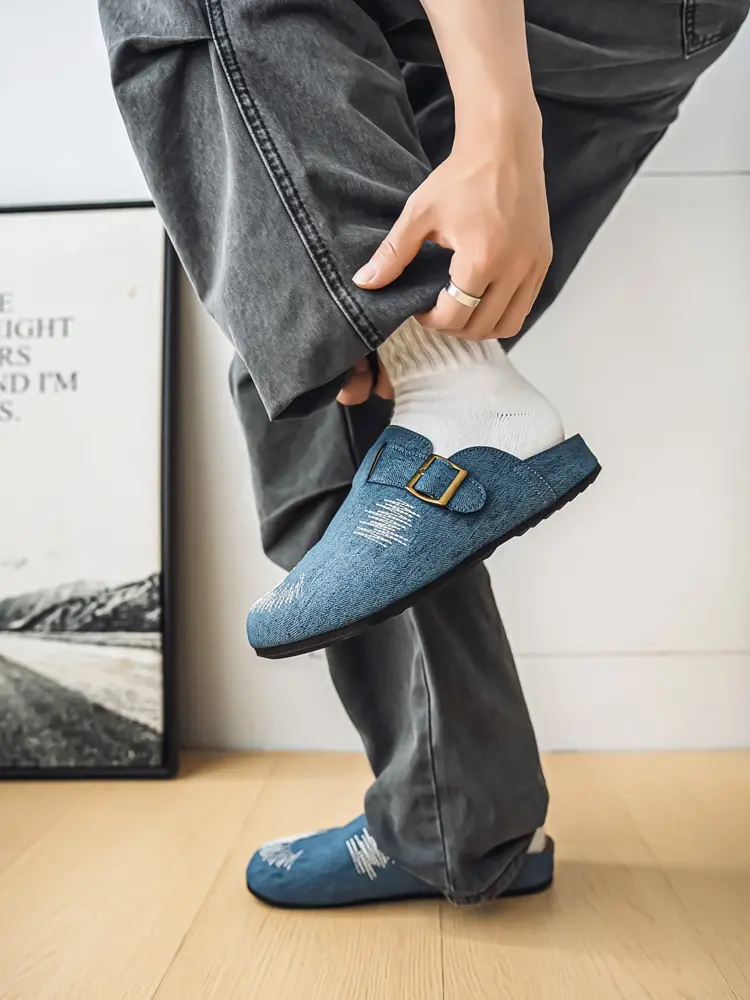 Retro denim mule shoes — embroidered slip-on half mules suitable for relaxed everyday wear and street style