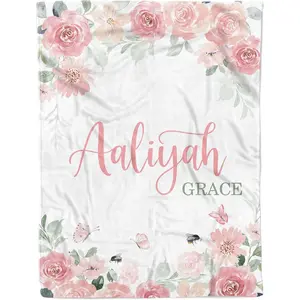 Arteaga Personalized Baby Blanket For Girls, Customized Floral Rose Blanket For Newborn, Super Soft Plush Fleece, 30''X40''