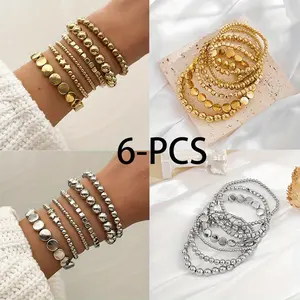 6PCS CCB Elegant Handmade Beaded Bracelet Set Multi-Layer Star, Round, Square, Beads Bracelet Bohemian Elastic Bangle Set Golden/Silvery Beaded Stackable Vacation Travel Beach Bracelet Jewelry