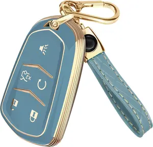 Compatible with Cadillac Escalade Key Fob Cover & Leather Keychain, Keyfob Case for ATS CTS DTS SRX STS XTS