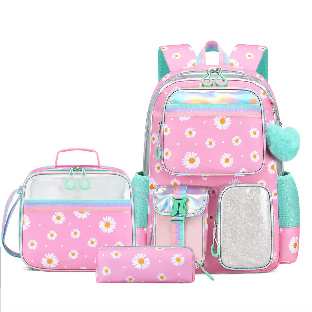 3Pcs Cute Daisy Print Backpack Set for Women Teen Girls, Pink Waterproof Holographic Glitter Large Capacity School Backpack with Insulated Lunch Bag and Pencil Pouch, Lightweight Ergonomic Daypack for Elementary School Travel Daily Use