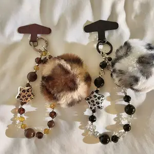 Vintage Personalized Fur Ball Pendant Leopard Print Bead Bracelet Suitable For Universal Ccd Headphone Keychain