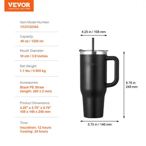 VEVOR 40 oz Insulated Water Bottle, Stainless Steel Sports Coffee Cup with Lid, Handheld Travel Coffee Mug Double Walled, Camping Hydration Flask Leakproof, for Indoor/Outdoor School, Work, Black