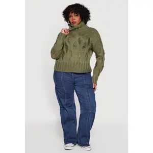 Plus Size Distressed Cable Knit Turtleneck Sweater