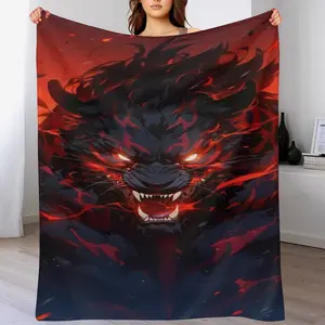 Fiery Red Demon Panther Throw Blanket, Glowing Red Eyes & Flame Markings Dark Fantasy Blanket, Ultra Soft Flannel Blanket for Bed Couch, Dark Fantasy Room Decor