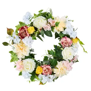 【Summervibes】VEVOR Artificial Decorative Wreath, 24 in, White Pink Yellow, Decorated with Peonies, Hydrangeas, Year Round Wreath for All Seasons Indoor and Outdoor Home Wall Window Festival Wedding Decorations