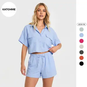 KATCH ME Women's Casual Solid Color Collared Flap Pocket Crop Shirt & Drawstring Waist Shorts, Summer Casual Wear, Basic 2 Piece Sets