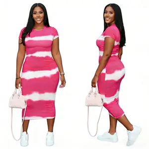 Women's Tie-Dye Stripe Bodycon Midi Dress Short Sleeve Stretch Package Hip Dress in Classic Polyester Cotton Spring Summer Summervibes