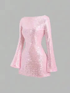 Women's Christmas Party Sequin Dress, Shiny Dress, New Year Outfit, Suitable For Spring, Autumn, Winter, Party, Commute, Daily, Travel, Holiday, Pink Waist Fit Flare Long Sleeve A-Line Mini Dress