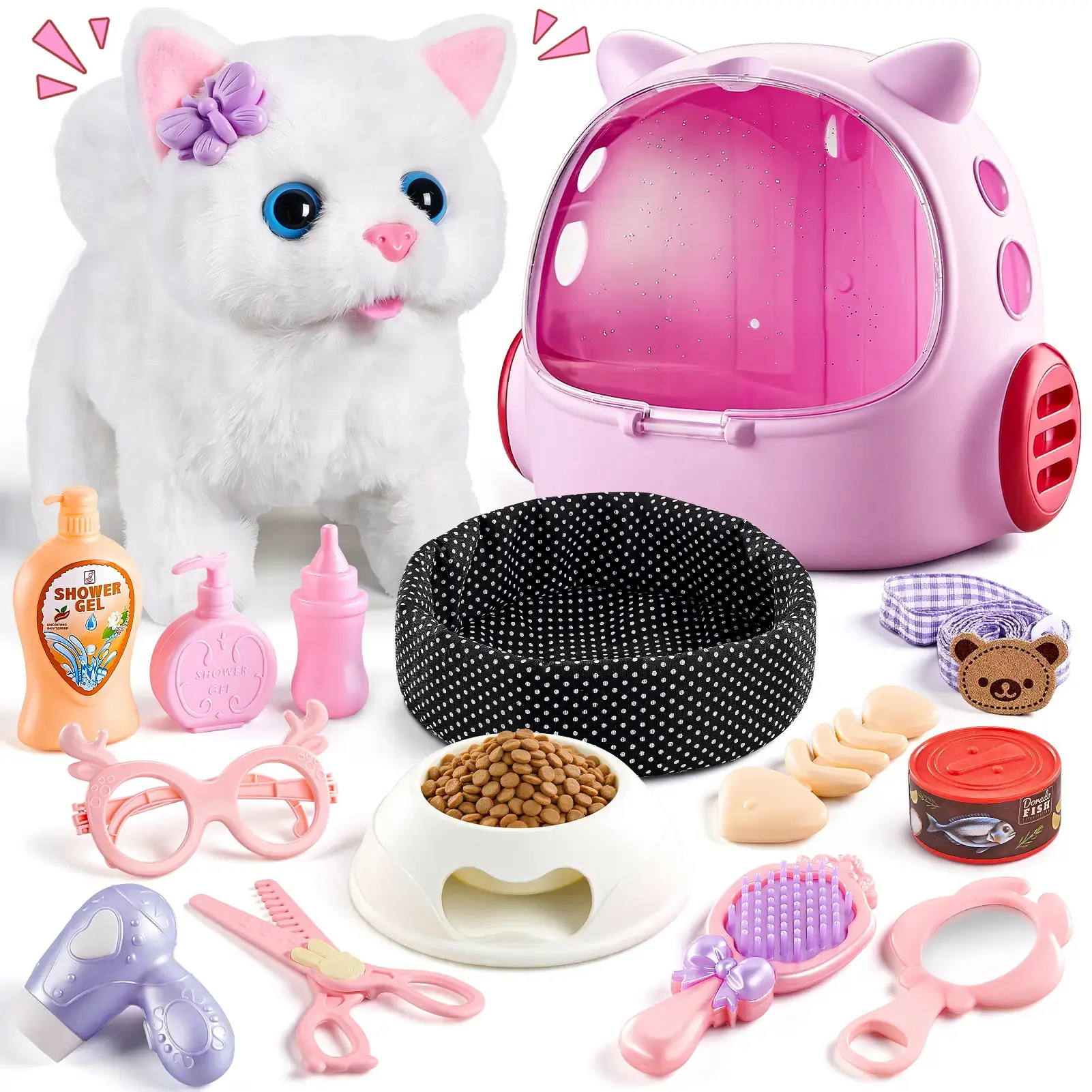 【Boninii】16-Pcs Unisex Kids Pet Care Grooming Set - Electronic Walking Realistic Plush Kitten, Toy Carrier, Feeding Accessories, Gift for Girls Boys, Ideal Birthday Present for 3-4 Years Olds