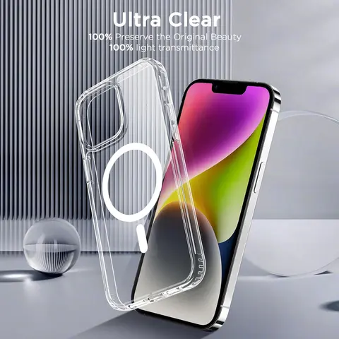 Military Grade Crystal Transparent Magnetic Smartphone Case Cover for iPhone 16/15/14/13/12 - 2400gf Magnet Hold, Shockproof Protector, Anti-Yellowing, Ultra-Thin Rugged, Wireless-Friendly Accessory