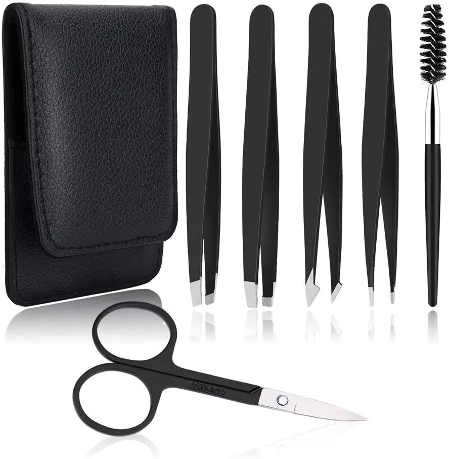 6 PCS Professional Tweezers Set - Stainless Steel Precision Tweezer Kit (Black)