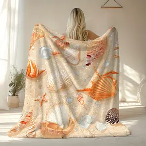 Cozy Flannel Weave Blanket - Wrinkle-Resistant, Multi-Size, Vibrant Seashell Print, Starfish Design, Soft, Warm, Lightweight Bedding Throw for Home, Travel