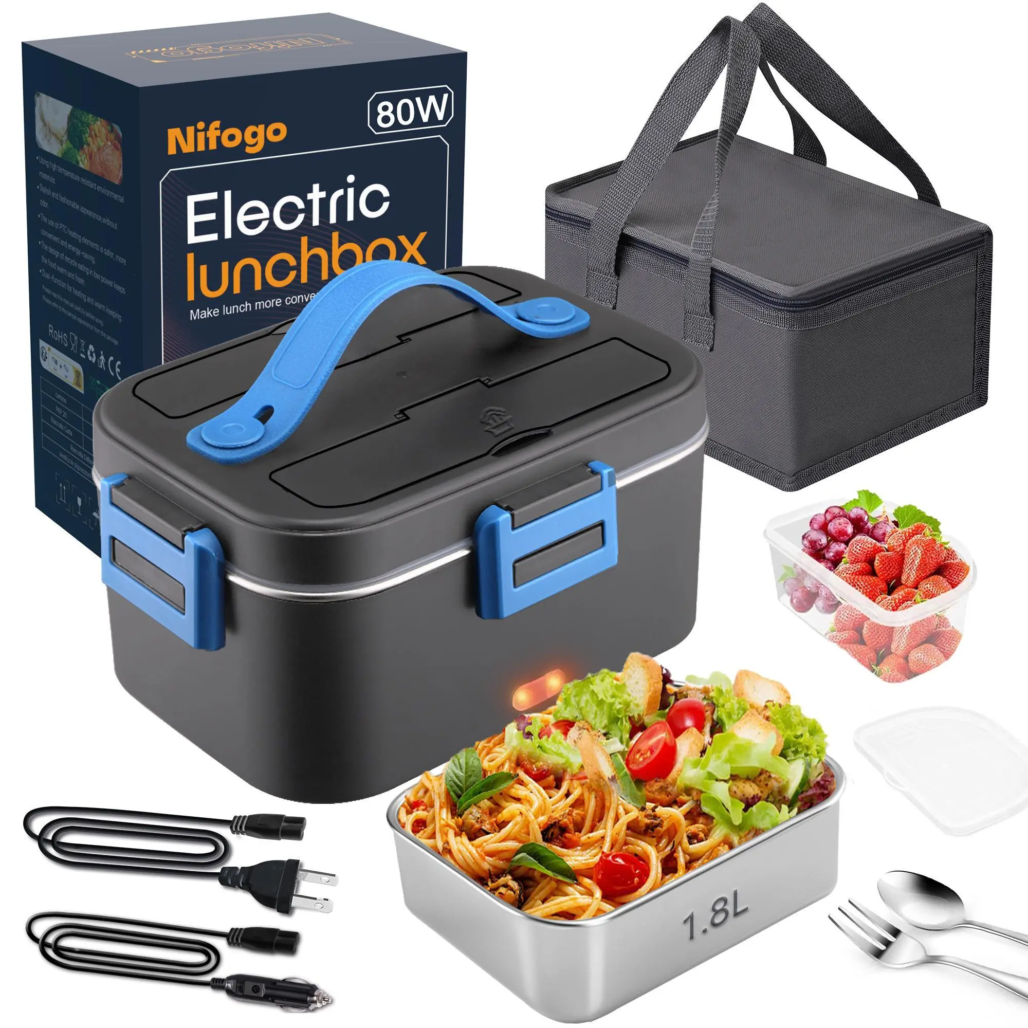 Nifogo 80W Heated Thermal Lunch Box for Adults, 1.8L Food-Grade Stainless Steel Container with Display Screen, 12V-24V-110V Multi-Voltage Sleek Square Look Upgrades Lunch, Carry Bag for Easy Travel, Portable for Car-Work, Heated Lunch Boxes