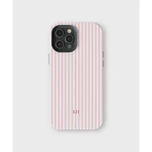Personalized Pink Striped Phone Case Custom Monogram Aesthetic Design for iP 17 16 15 14 13 12 11 X Promax Plus Tough Protection Beachy Preppy Style No Warranty