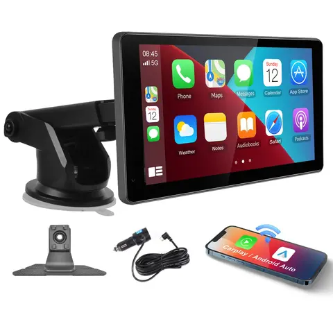 7-in High Definition CarPlay Screen (1024*600p) - Portable Wireless Car Video Player with Android Auto, AirPlay, Android Cast, Dual Bluetooth, AUX/FM, GPS Navigation, Audio Receiver, YouTube Support, Universal Car Accessories