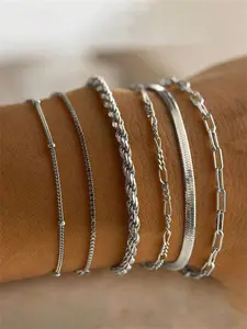 6-Piece Bracelet Set, Beaded Chains, Alloy Chain Bracelet, Simple Fashion, Multi-Functional Jewelry, Perfect Valentine's Gift, Stackable Accessories, Elegant Bangle