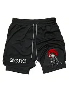 Men's Zoro Shorts, Cross & Letter Print, 2-In-1 Drawstring Waist, Casual Pocket Track Shorts, Anime Graphic Gifts, Summer Fashion, Casual Fashionable Shorts