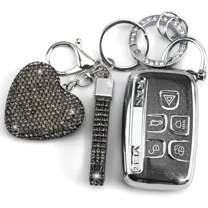Key Fob Cover with Diamond Keychain Car Key Holder Compatible with Land Rover Range Rover Evoque Sport Velar Land Rover Discovery Jaguar F-Pace F-Type XE XEL XF XFL XJ, 5 Buttons (Black)