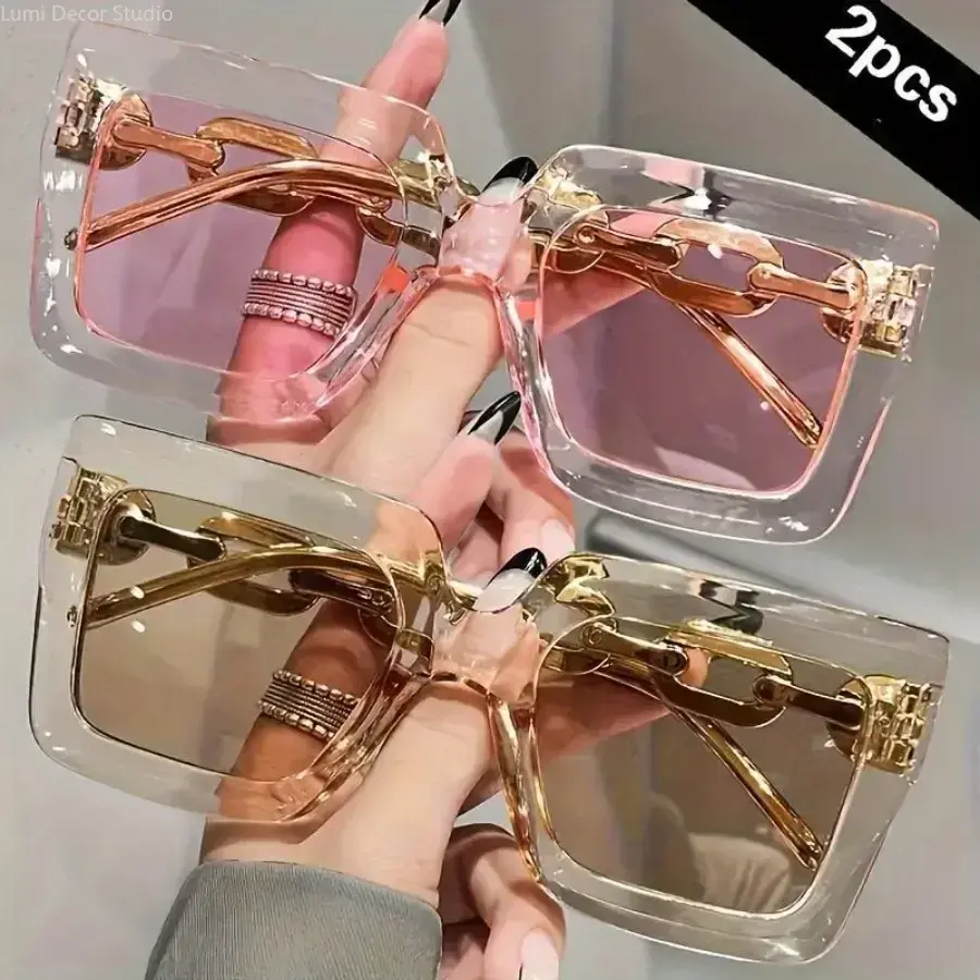 Unisex Oversized Square Sports Sunglasses - Chain Link Temple Design, UV400 Protection, Translucent/Solid Plastic Frames, Everyday & Driving Use, Available in Black, White, Beige, Pink, Comfortable, Casual, Frame Width 147Mm, Outdoor Activities, Tinted Uv