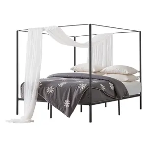 King Size Canopy Bed Frame in Metal with Four Posters, Black Finish, Sturdy Steel Construction for Longevity, Elegant Four Posters Canopy Bed for Modern Bedrooms, Includes Durable Slat System, Mattress Not Included