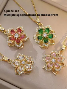 360 Degree Rotatable Flower Design Pendant Necklace, Charm Necklace for Women, Artificial Gemstone Decor Necklace for Party, Daily Decor, Trendy All-match & Exquisite Jewelry for Birthday Gift