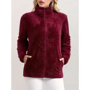 Women's Winter Thick Plush-Lined Zip-Up Cardigan Jacket - Windproof Cold-Resistant Loose Fit Sporty Outdoor Coat, Machine Washable Soft Comfortable Solid Color for Fall & Winter, Cold Weather Wear, Casual Outerwear, Warm Lining, Insulated C