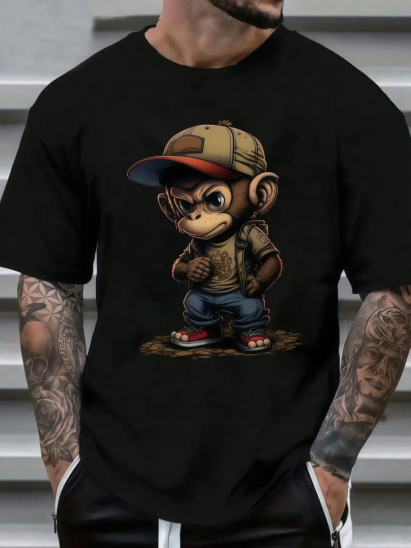 Unisex Cartoon Monkey Print T-Shirt, Hip-Hop Top, 3D Monkey Design, Streetwear Style, Casual Daily Wear, Tiktok Trendy good graphic tees