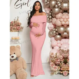 Women’s off-shoulder fishtail maxi dress for maternity baby shower, classic white silhouette with mermaid hem, long regular sleeves, pregnancy clothes