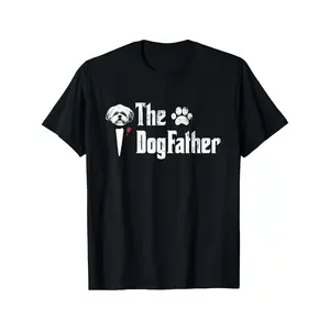 Mens "The Dogfather" Shih Tzu Dad Casual Menswear Streetwear Top - 100% Cotton Black Short-Sleeve Round-Neck T-Shirt with Paw Print & Ice Cream Design, Ideal Gift for Men, Sizes S-XXXL