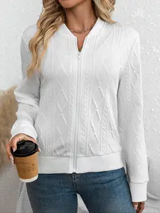 Women's Fashion Casual Zipper Texture Jacquard Long Sleeve Jacket Coats, Perfect for Spring & Fall Seasons, Stylish Fitted Outerwear for Daily Wear