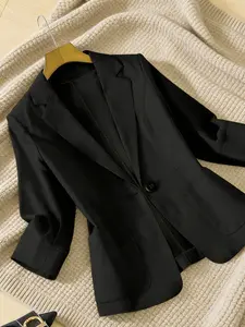 A women's plain lapel single-breasted one-button mid-sleeve double-pocket suit jacket, suitable for spring and autumn seasons suitable for office and daily wear, Tailored Blazer