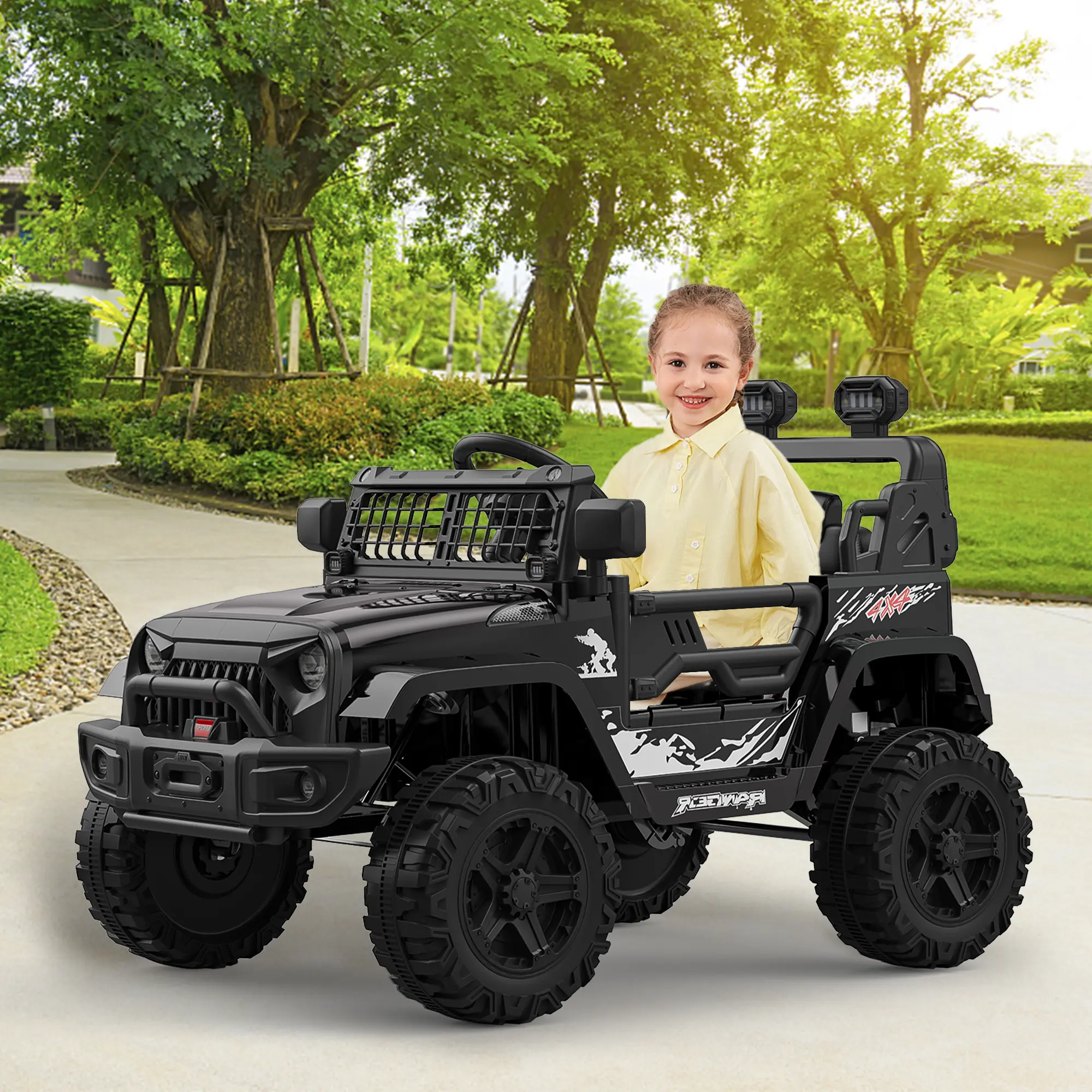 Garvee Ride On Car for Kids 12V Electric Vehicle with Remote Control, Dual 35W Motors, LED Lights, Music, and Safety Belts for Boys & Girls
