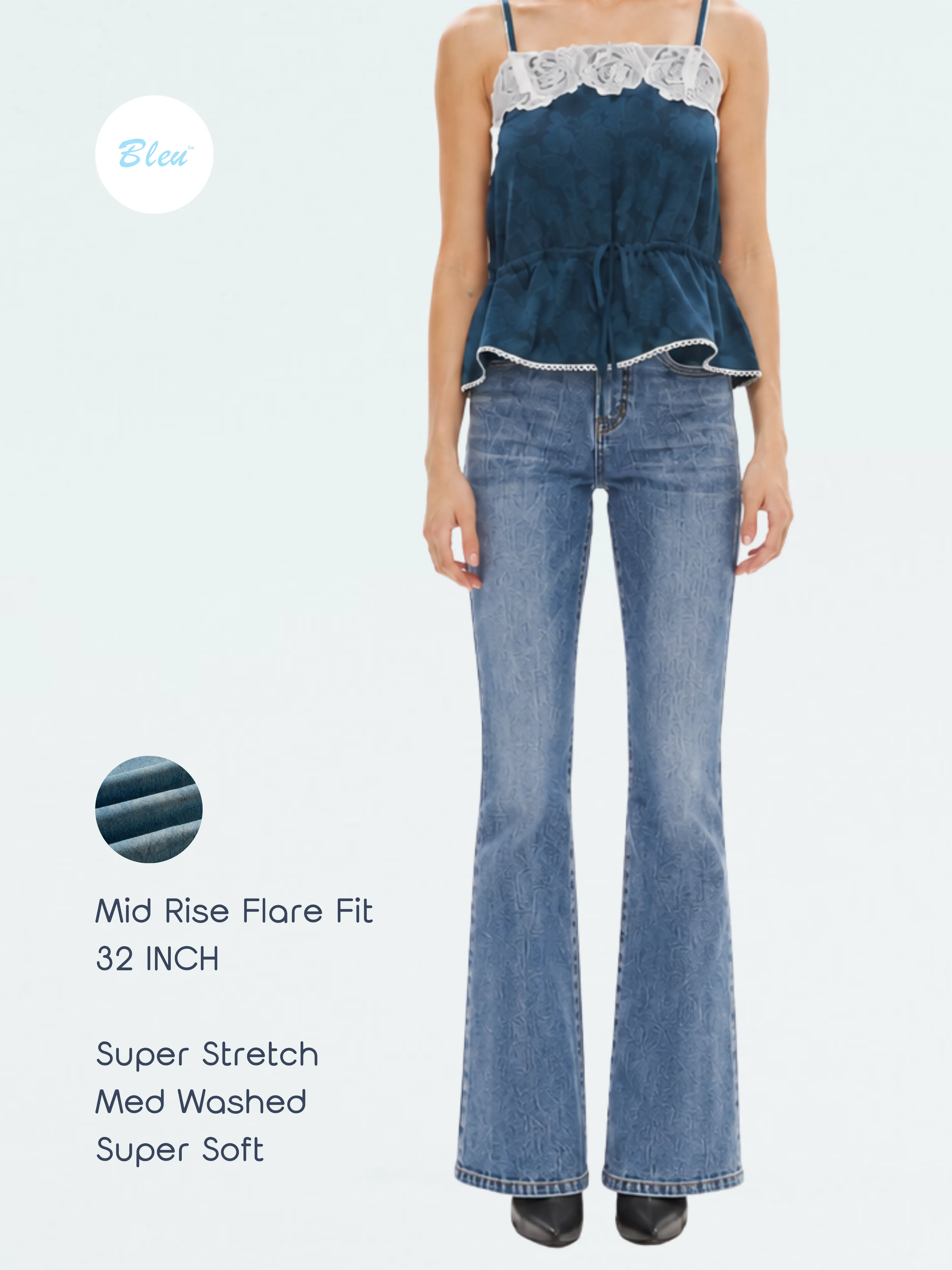 Bleu Women’s Super Stretch Cotton Denim Bootcut Jeans - Vintage Blue High Rise Flare Pants, 32 Inch Inseam, Full Length Stretch Jeans, Women's Clothes, Vintage Street, Zip Fly, Loose-Fit, Streetwear, Basic, Bottom, Flare Pants Jeans, Wide-Leg Pants