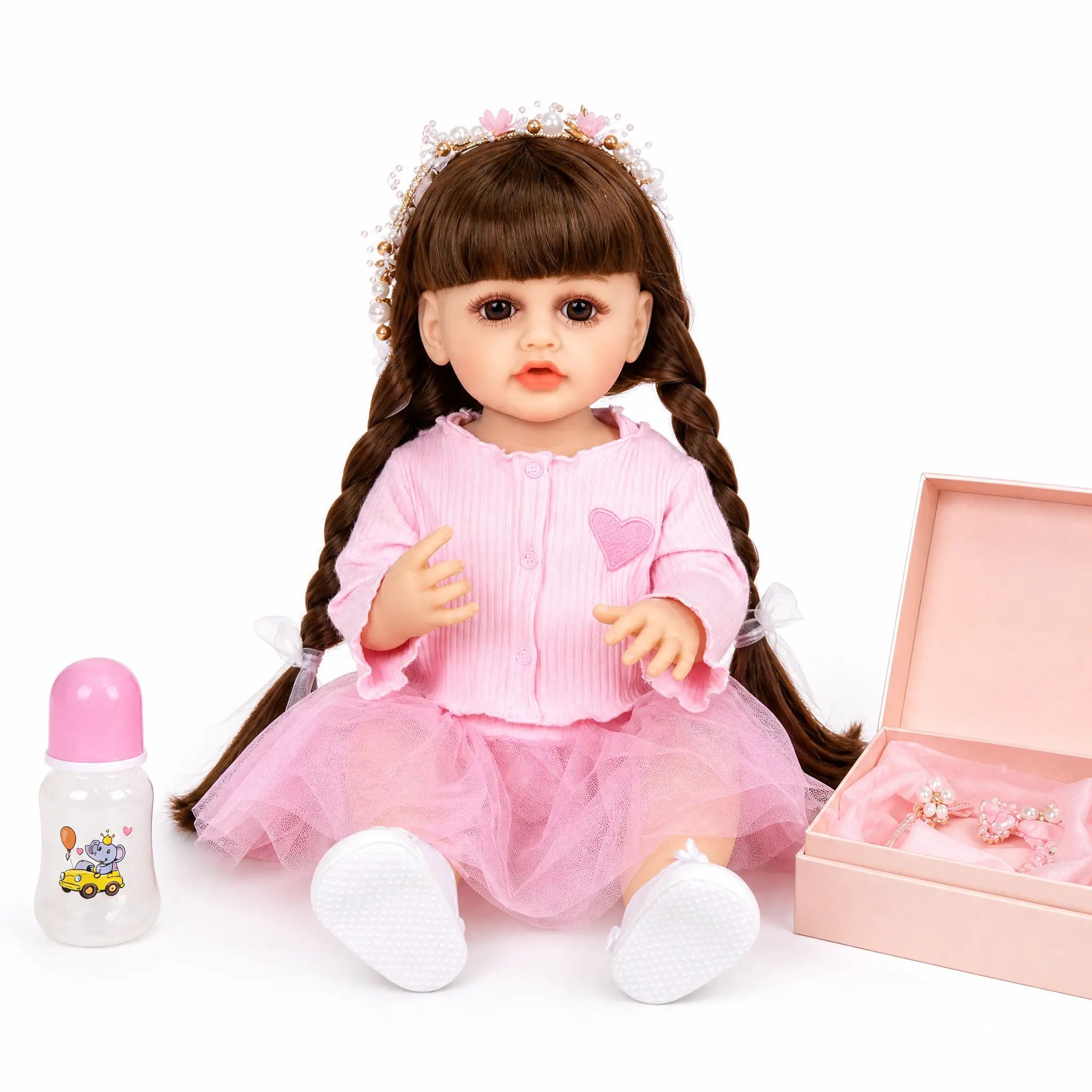 Rosy Reborn Baby Dolls - Birthday and Christmas Gift for Kids, 22 inch Full Body Silicone Realistic Baby Girl with Light Brown Hair & Acrylic Eyes, Pink Heart Princess Dress Set with Shoes & Accessories, Gift for Girls 3+