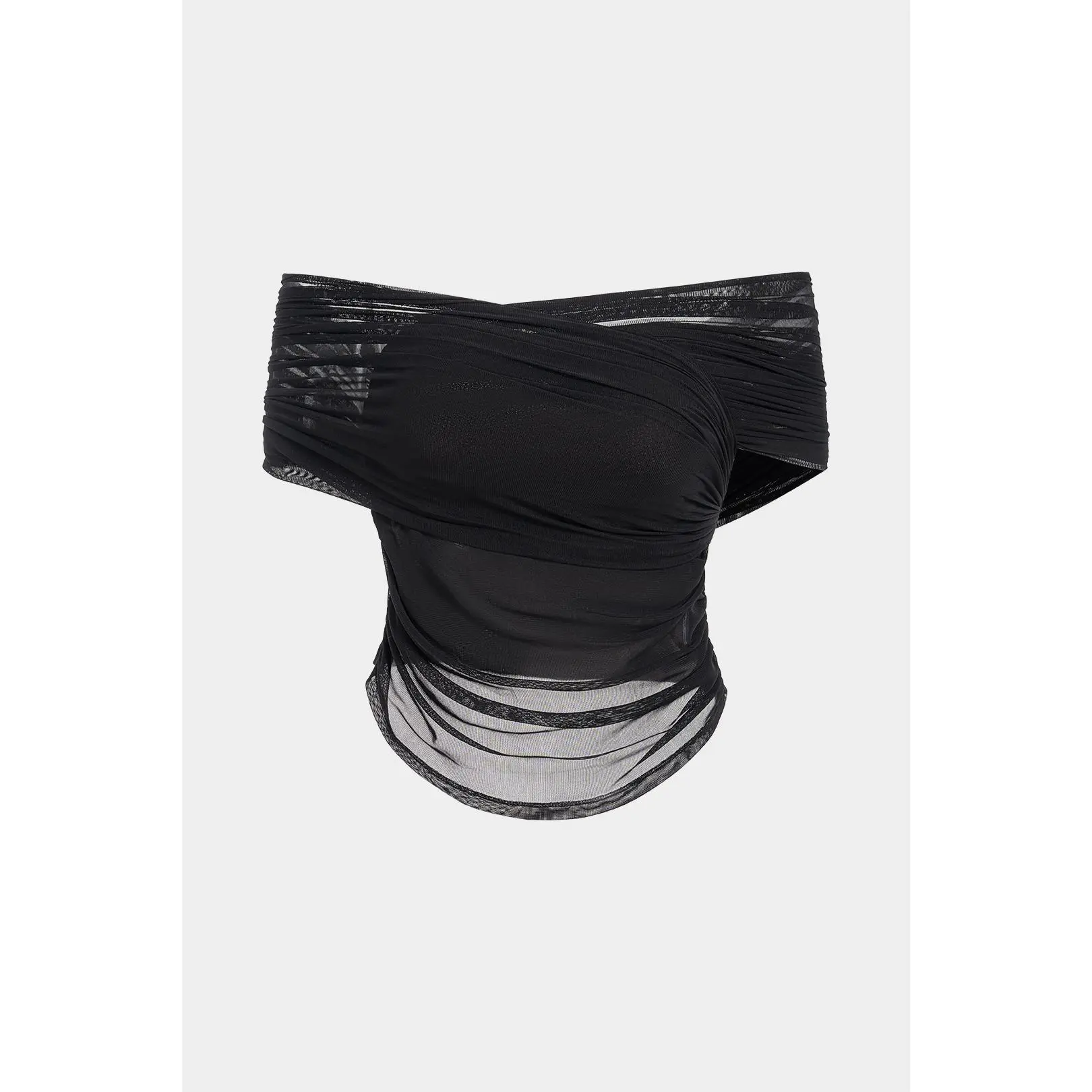 Mesh Patchwork Off Shoulder Crossed Ruched Short Sleeve T-Shirt