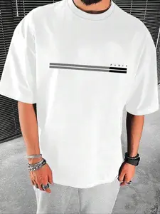 Men's Loose Fit Deep Striped Print T-Shirt, Premium Casual Top, Streetwear Hip Hop Y2K Trend, Shoulder Drop, Summer Daily Wear