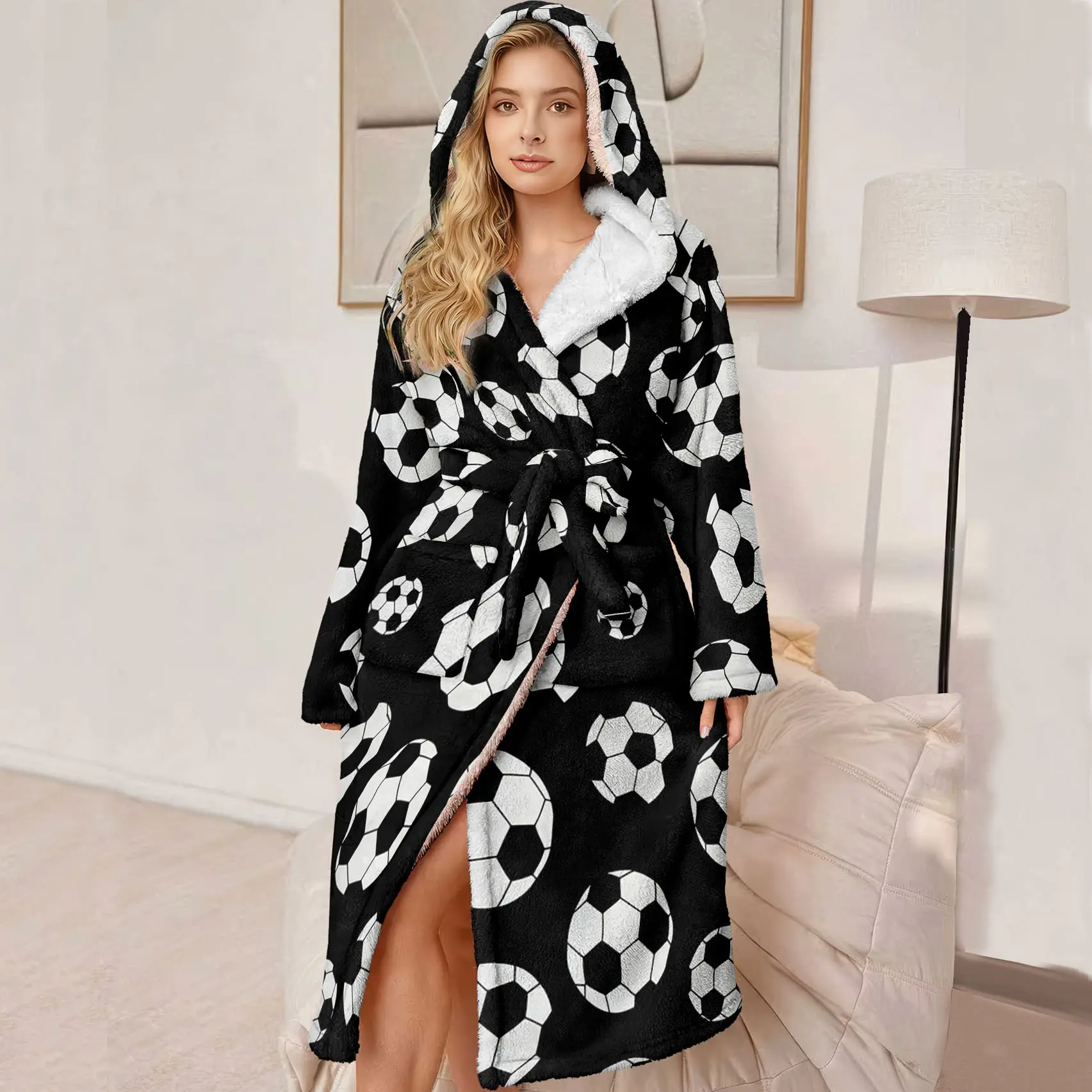 Plus Size Bathrobe, Hooded Luxury Bathrobe, Ultra Comfortable Plush Robe with Belt and Pockets, Football Pattern, Winter Gift