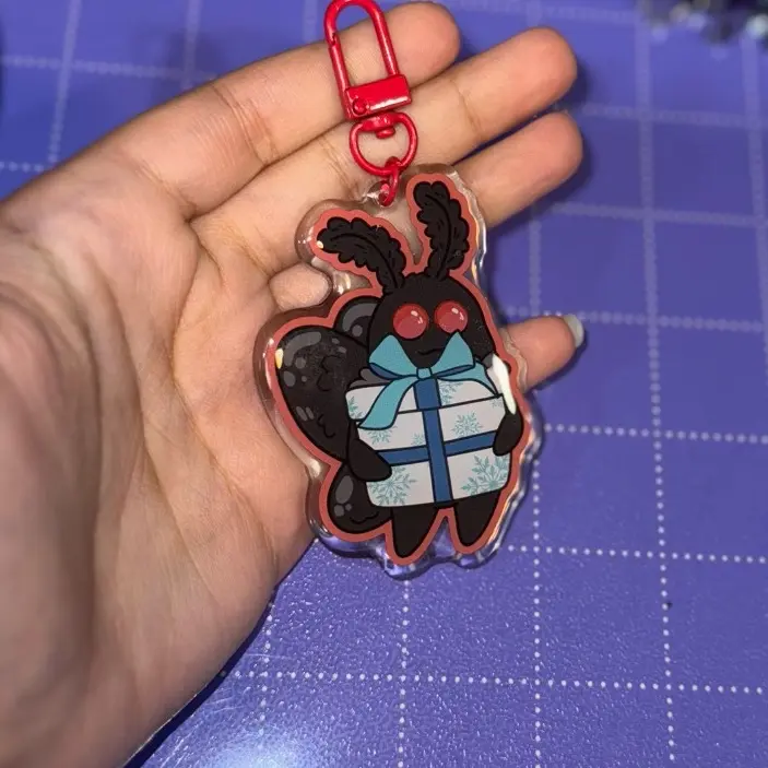 Present Mothman Acrylic Keychain 3in| Cute Holiday Moth Local Cryptid Charm, Baby Mothman Key Ring, Kawaii Mothman Gift, Spooky Cute Moth Christmas Charm