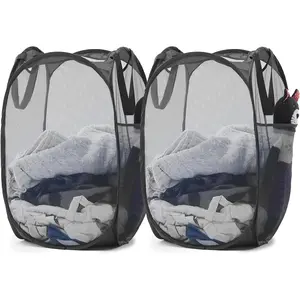 Collapsible Mesh Pop Up Laundry Hamper with Sturdy Handles and Side Pocket - Portable Foldable Clothes Baskets for Dorm, Bathroom & Travel Storage