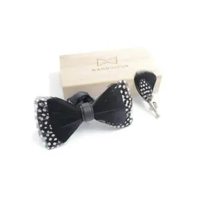 Black polka-dot Guinea Feather Bow Ties lapel Pin Set