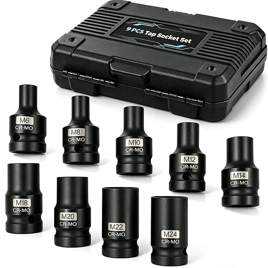 9-Piece Magnetic Tap Socket Set, 1/2" Square Drive Tap Handle Tool Fits M6-M24, for Tight Spaces, Cr-V Steel, Black Oxide Coating, Laser-Etched Markings, Storage Case
