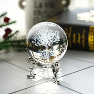 1pc Charming 3D Crystal Carvings Life Tree Ball Ornament, Silver Color Stand Glass Globe, Perfect Home Office Decor Gift for Holidays Special Occasions